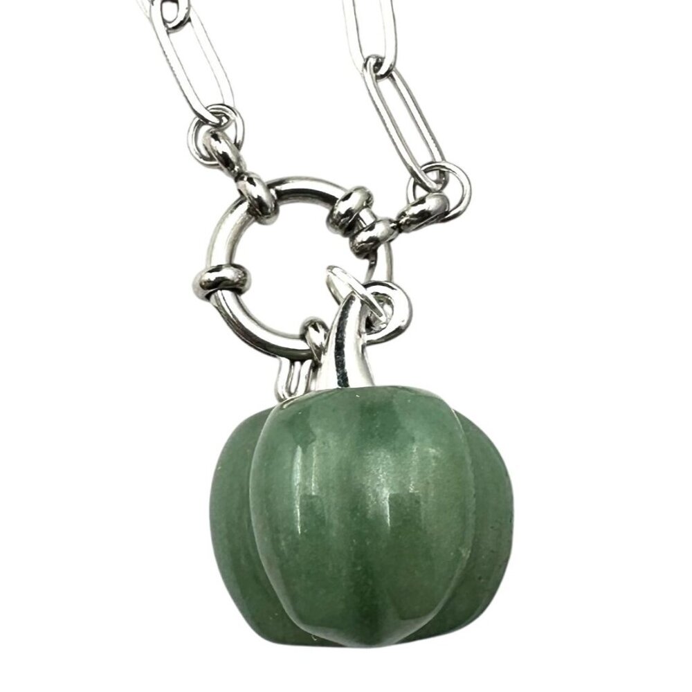 Green Aventurine Gemstone Pumpkin Pendant Necklace Silver Tone 17 Inch